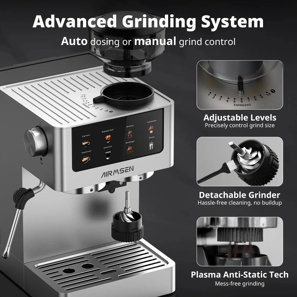 AIRMSEN Espresso Machine With Grinder, 20-Bar, 1350W, 63oz, Brushed Stainless Steel