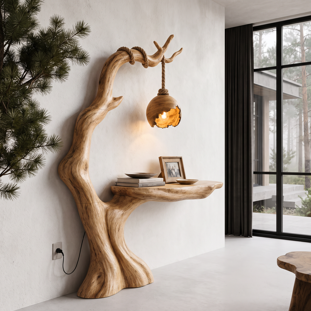 Organic Console Table With Tree Branch Floor Lamp Design For Entryway And Living Room