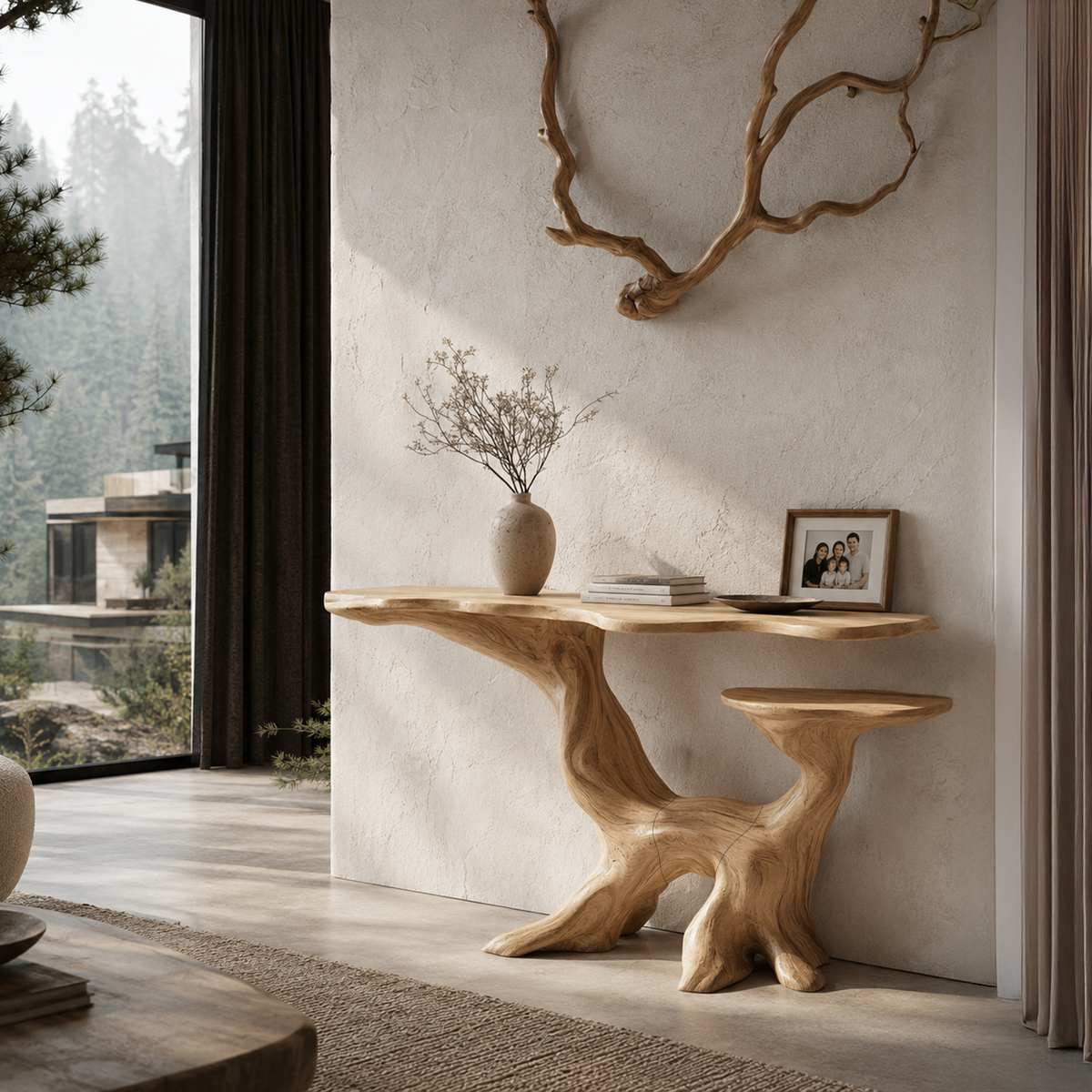 Organic Console Table With Sculptural Tree Root Design For Entryway And Living Room