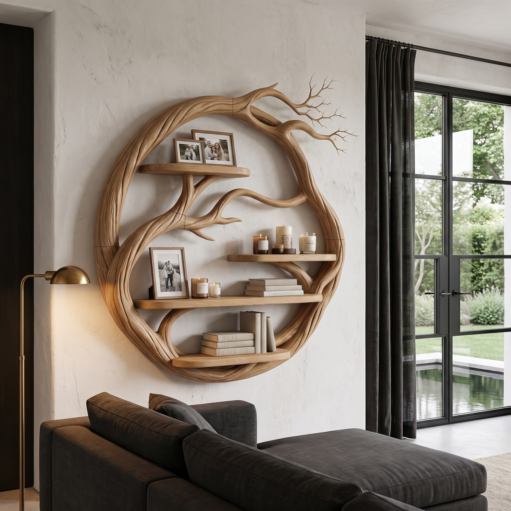 Organic Floating Shelf With Circular Tree Branch Design For Living Room And Home Office