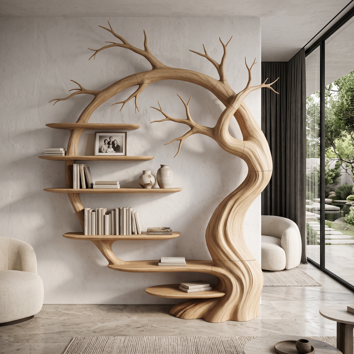 Rustic Tree Bookshelf With Sculptural Tree Branch Design For Living Room And Home Office