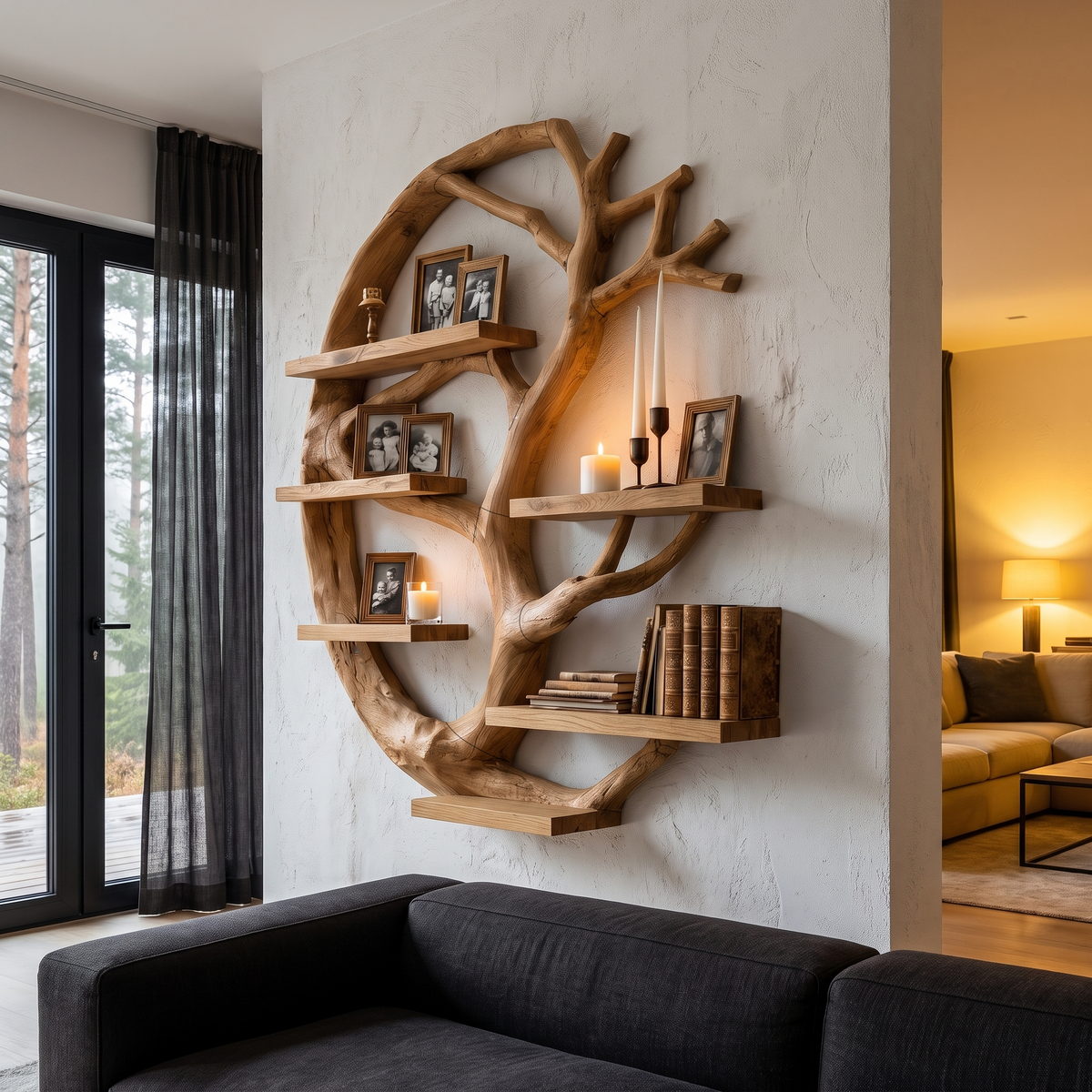 Modern Wall Mounted Shelf With Circular Tree Silhouette For Living Room And Bedroom