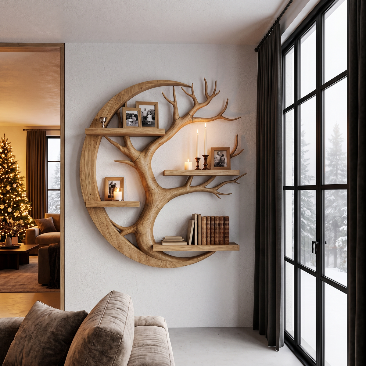 Rustic Floating Shelf With Tree Branch Wall Display For Living Room And Entryway