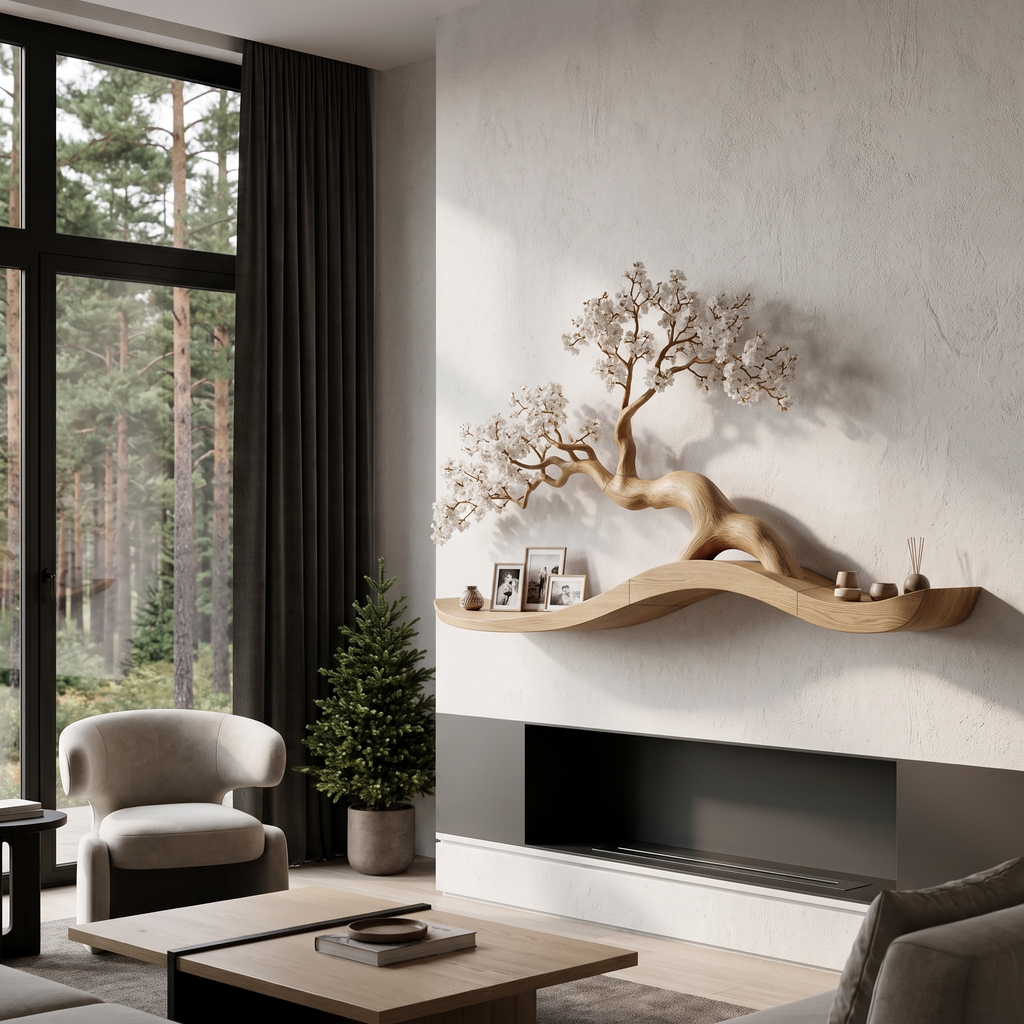 Organic Wall Mounted Shelf With Sculptural Tree Branch Design For Living Room And Bedroom