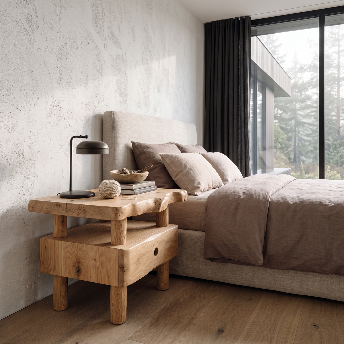 Organic Solid Wood Bedside Table With Open Shelf And Drawer