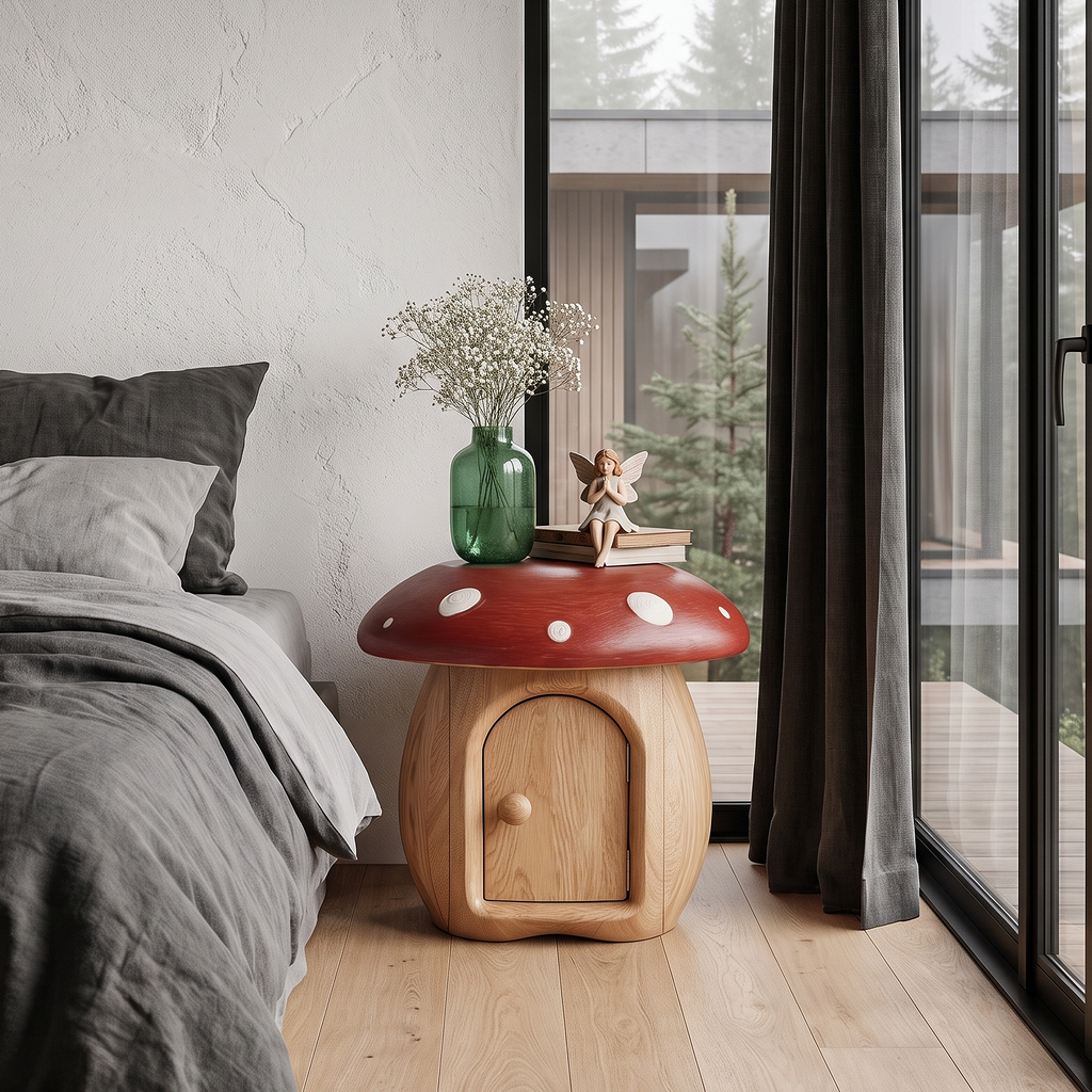 Whimsical Mushroom Bedside Table With Solid Wood Storage For Bedroom