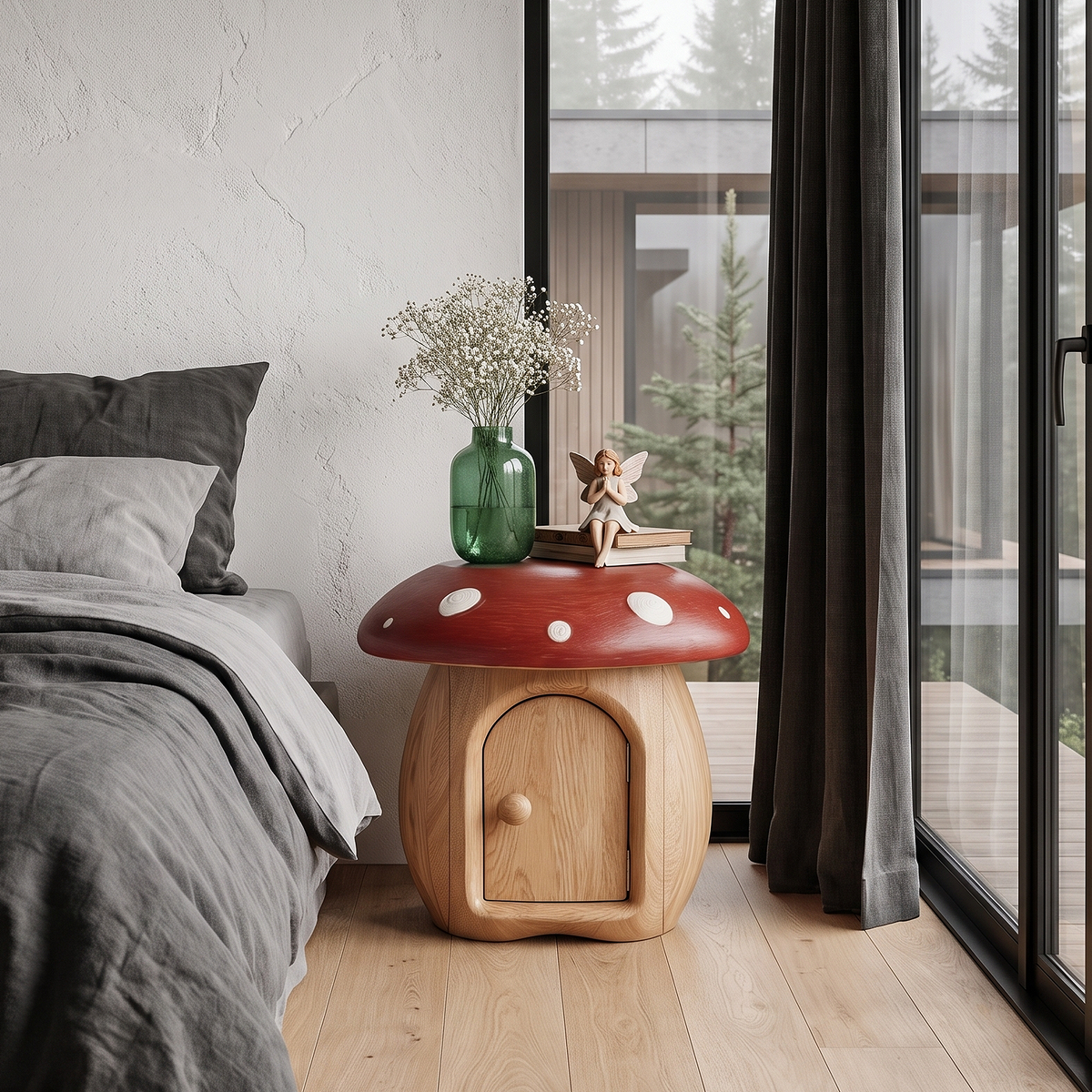 Whimsical Mushroom Bedside Table With Solid Wood Storage For Bedroom