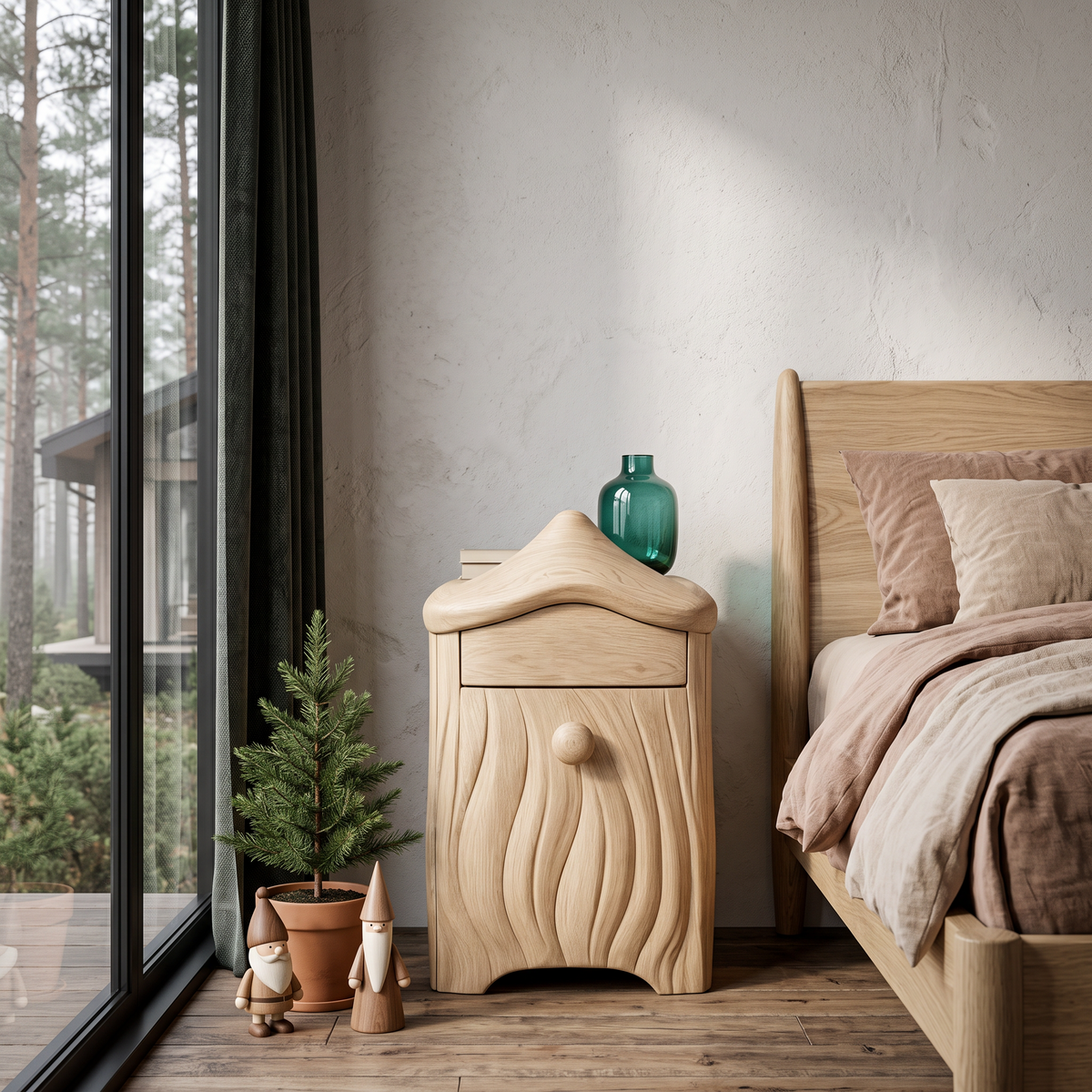 Minimalist Solid Wood Bedside Table With Artistic Door Design