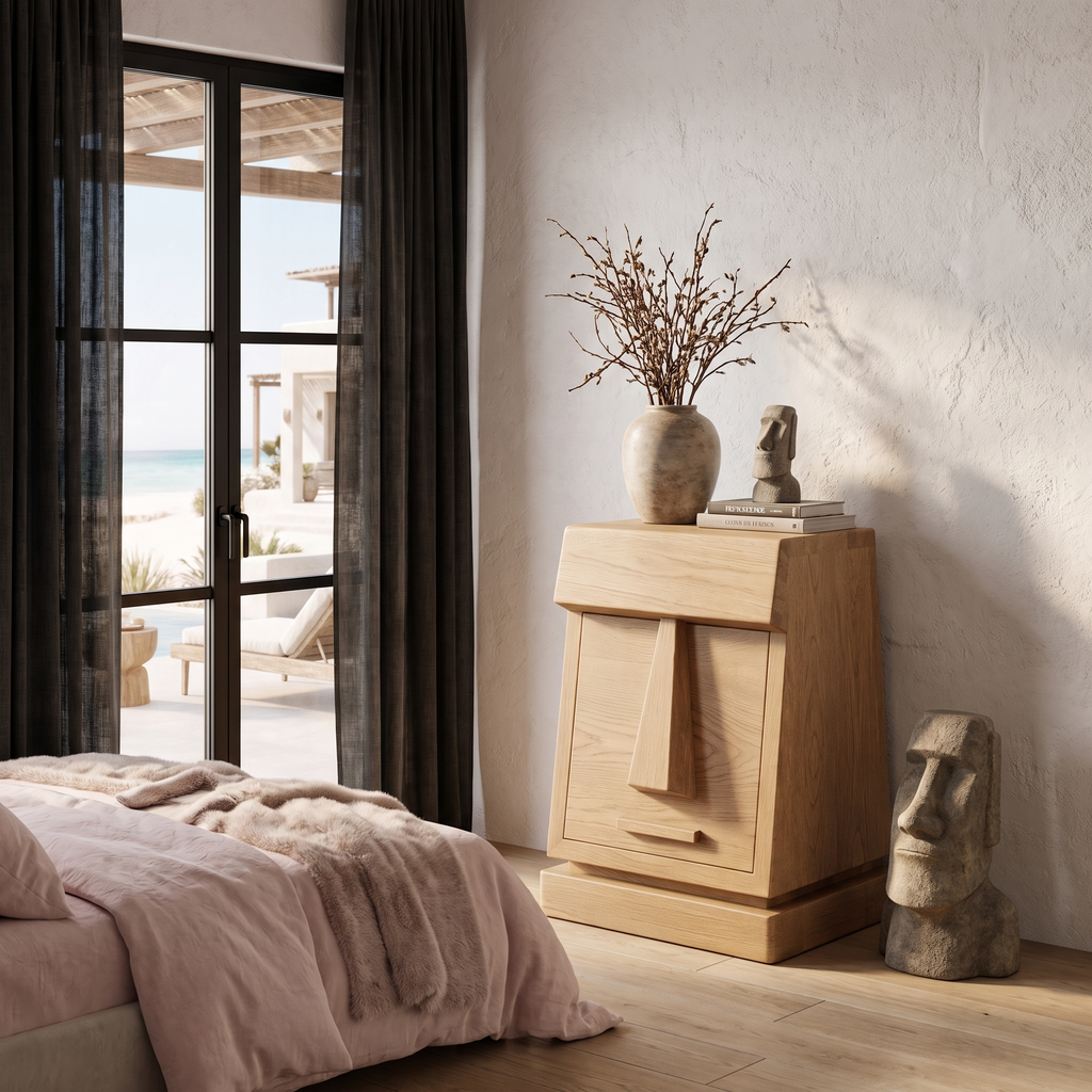 Rustic Solid Wood Bedside Table With Geometric Wooden Door