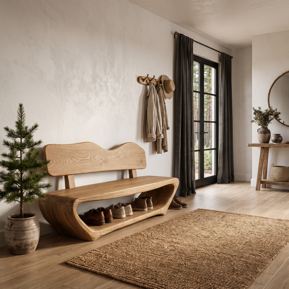 Rustic Sculptural Shoe Bench Organic Live Edge Design For Entryway Hallway
