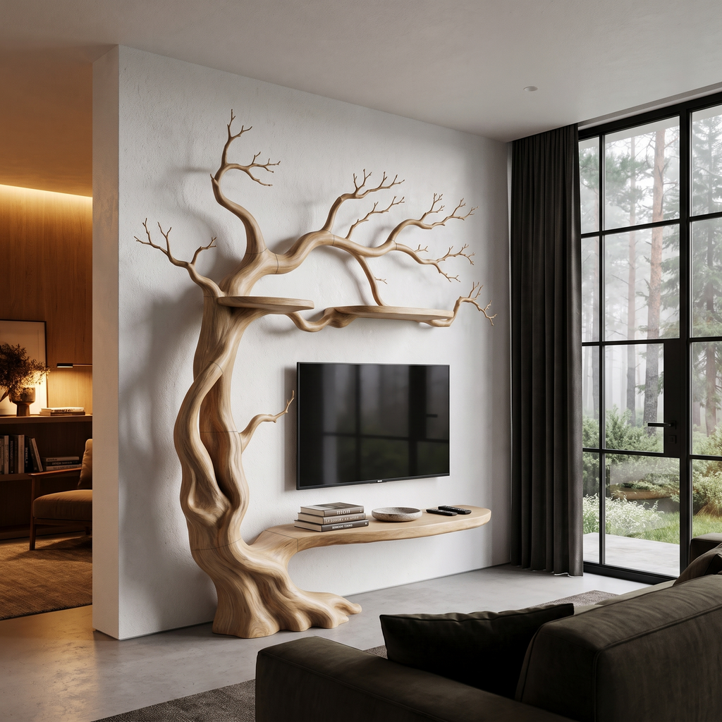 Organic Wall Mounted TV Stand With Sculptural Tree Branch Design For Living Room