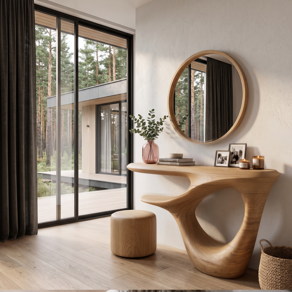 Contemporary Console Table With Artistic Open Frame Base For Foyer And Hallway