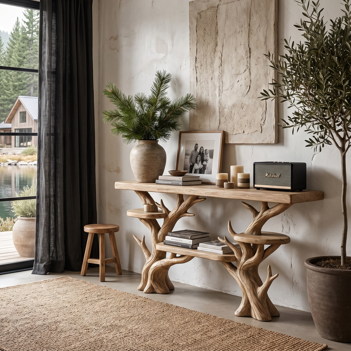 Rustic Sculptural Console Table For Entryway And Living Room