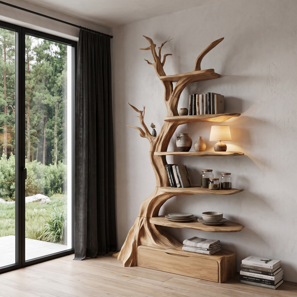 Organic Tree Bookshelf Handcrafted Sculptural Design For Living Room
