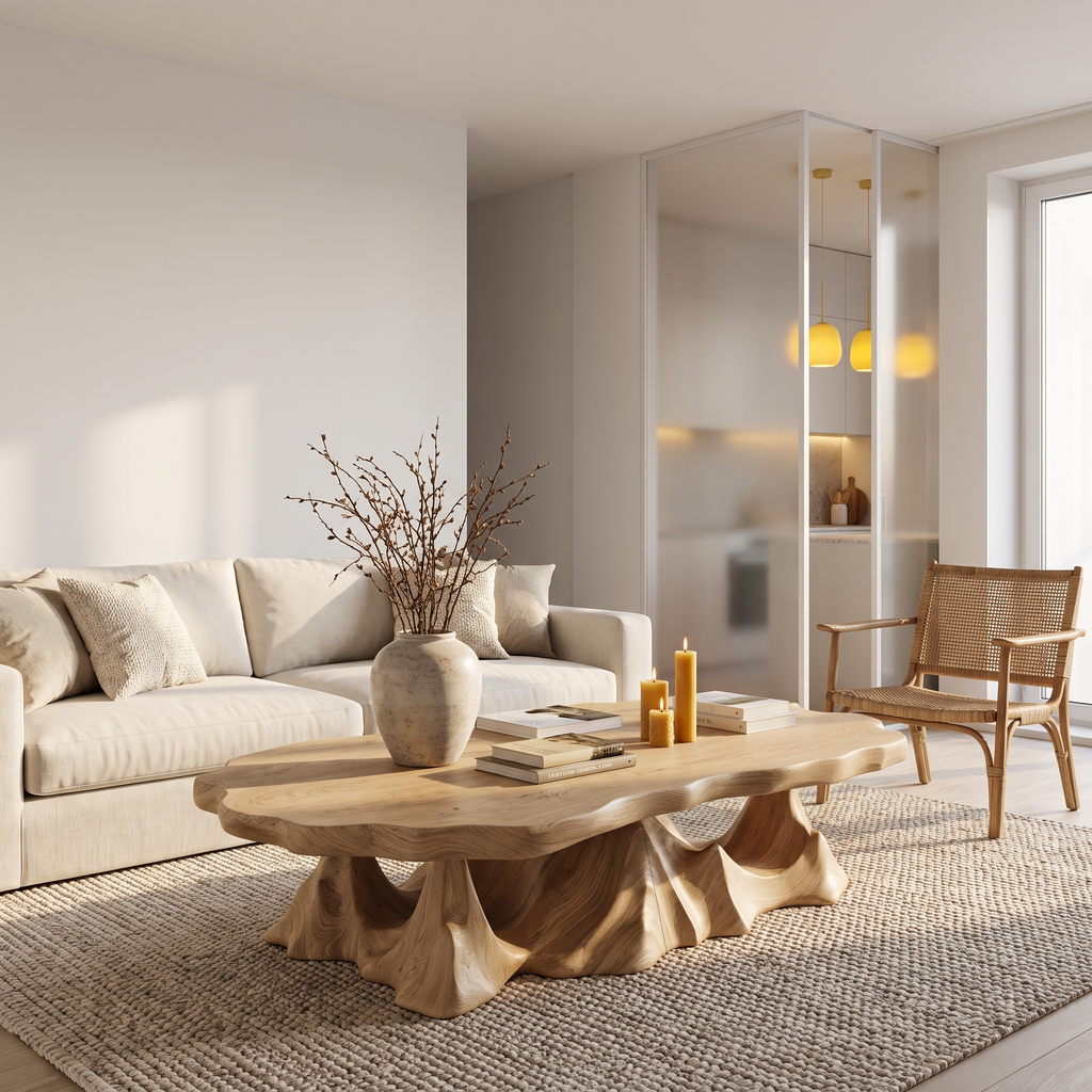 Rustic Coffee Table With Sculptural Wave Base For Living Room