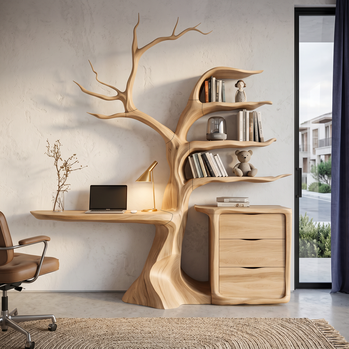 Natural Floating Desk With Sculptural Tree Bookshelf For Home Office