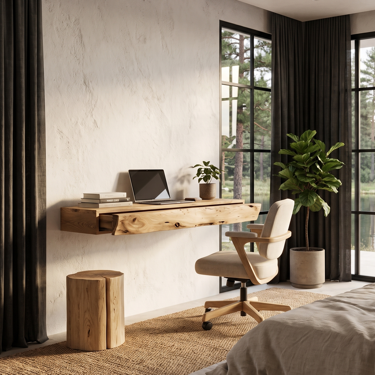 Rustic Floating Desk With Live Edge Design For Home Office And Workspace