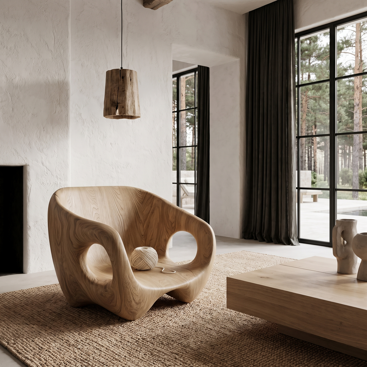 Rustic Wood Lounge Chair With Wraparound Backrest For Reading Nook