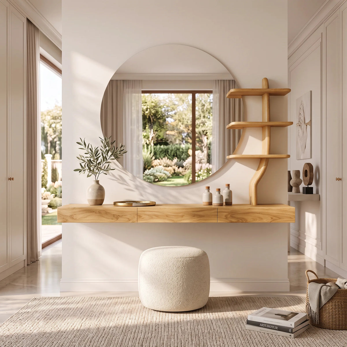 Wall Mounted Makeup Vanity With Tree Form Shelving For Bedroom
