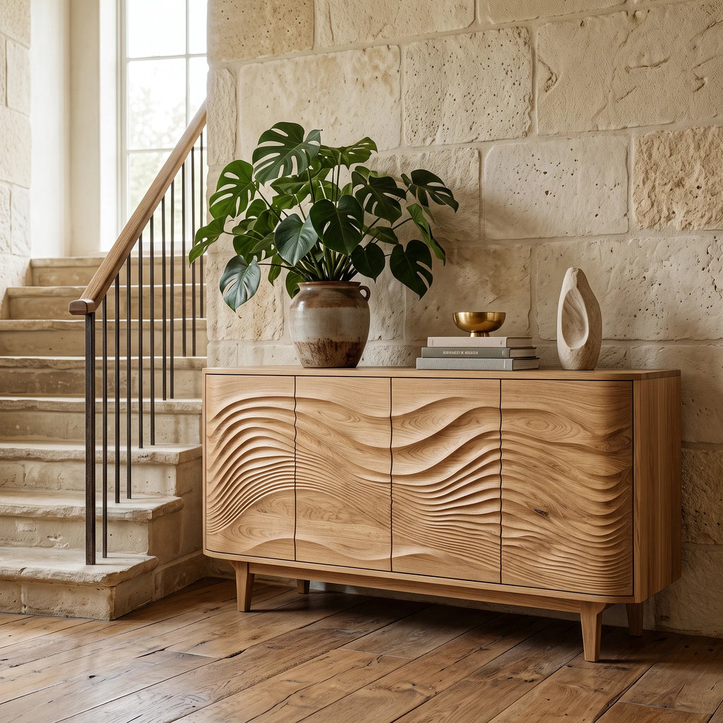 Modern Layered Wave Carved Sideboard For Living Room