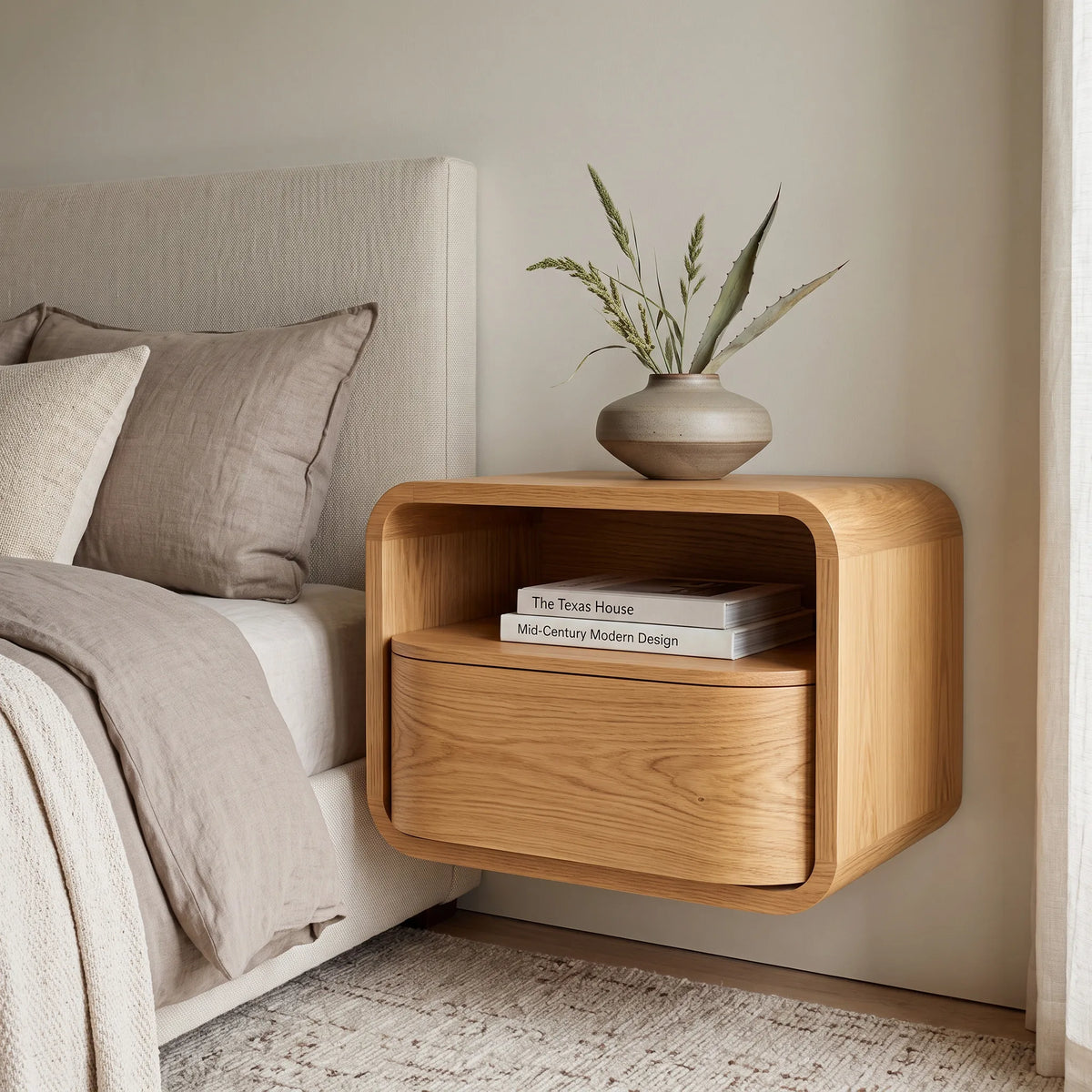 Modern Curved Open Shelf Floating Nightstand For Bedroom