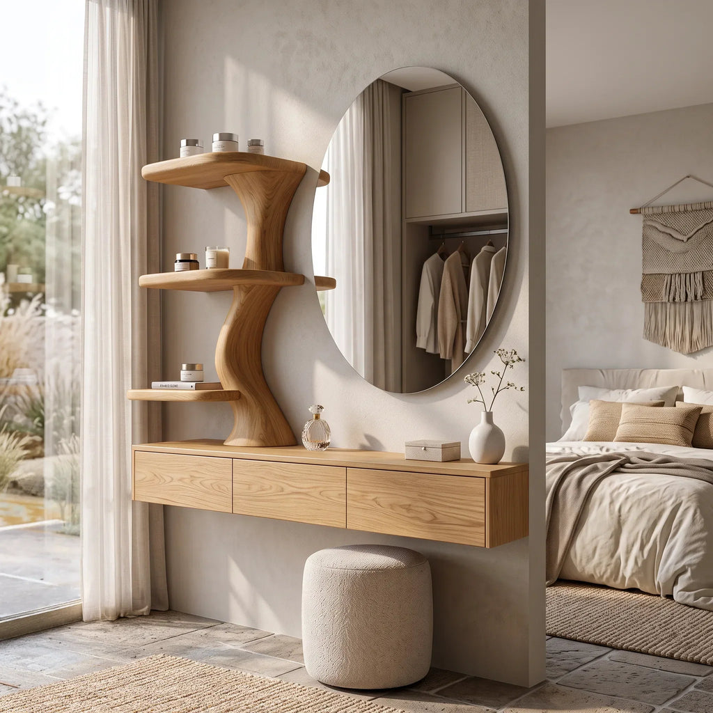 Sculptural Wall Mounted Dressing Table With Floating Drawer For Luxury Bedroom