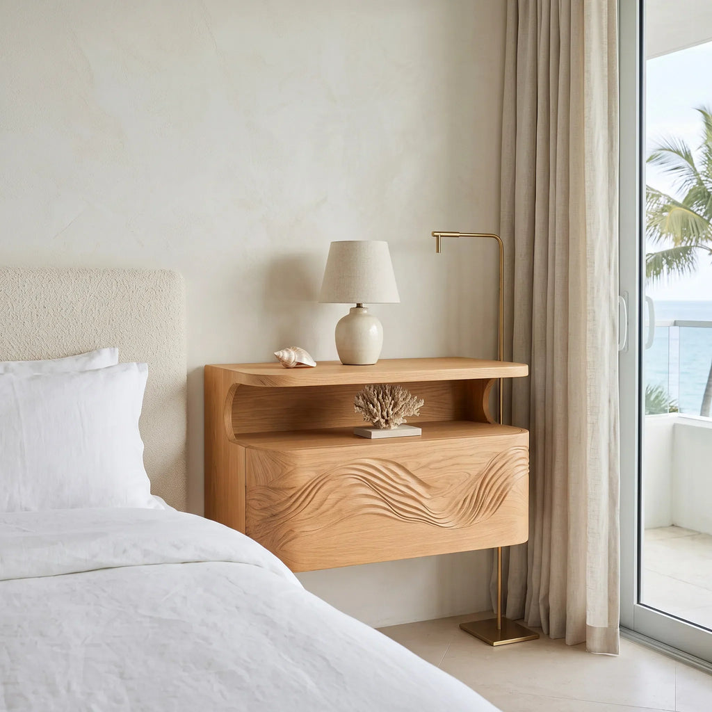 Organic Wave Carved Floating Nightstand For Bedroom