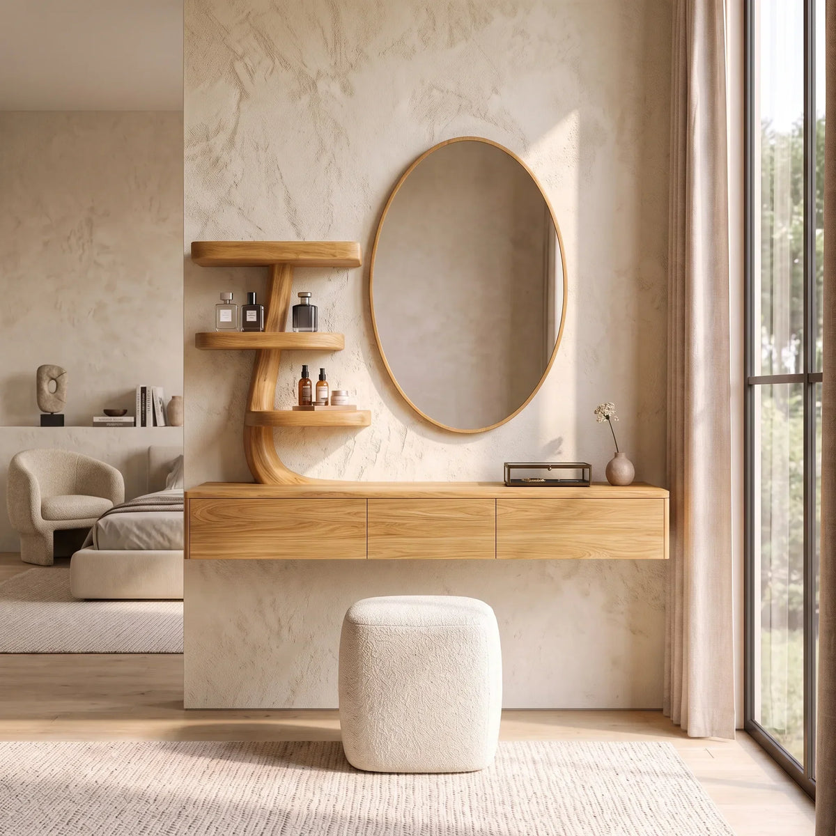 Modern Wall Mounted Makeup Vanity Sculptural Curved Shelving For Bedroom