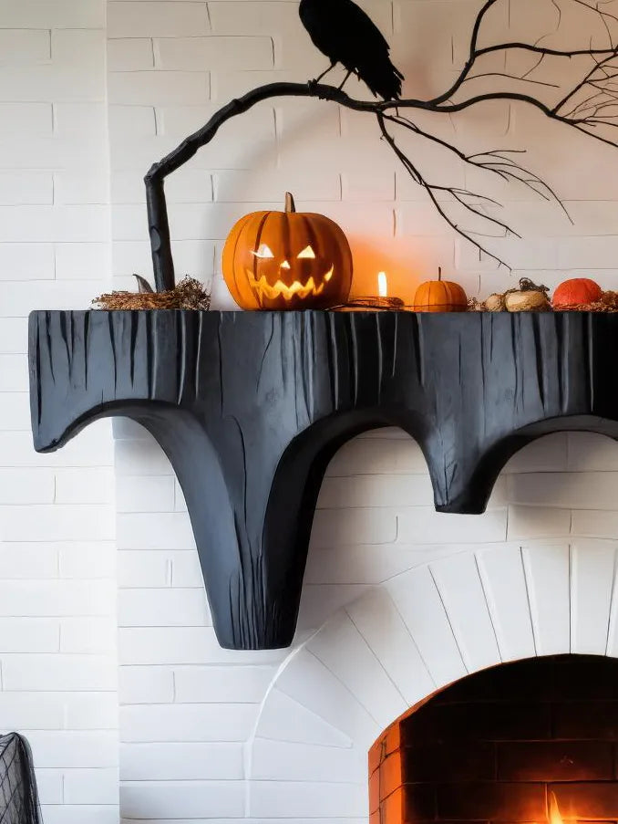 Rustic Black Wooden Halloween Fireplace Mantel With Dripping Edge For Home Decor