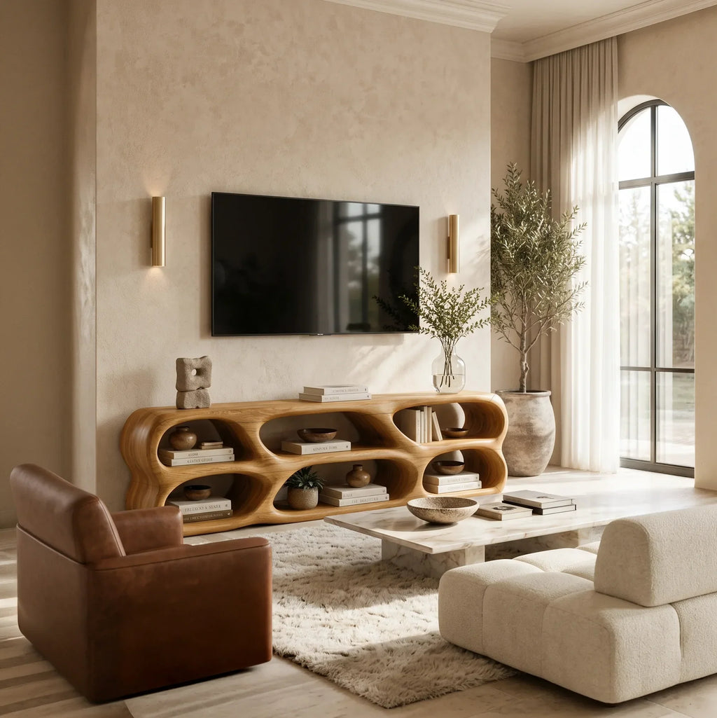 Sculptural TV Stand Rounded Open Shelves For Modern Living Room