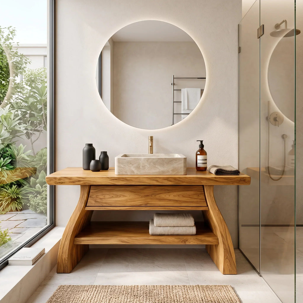 Modern Sculptural Open Shelf Bathroom Vanity For Master Bathroom