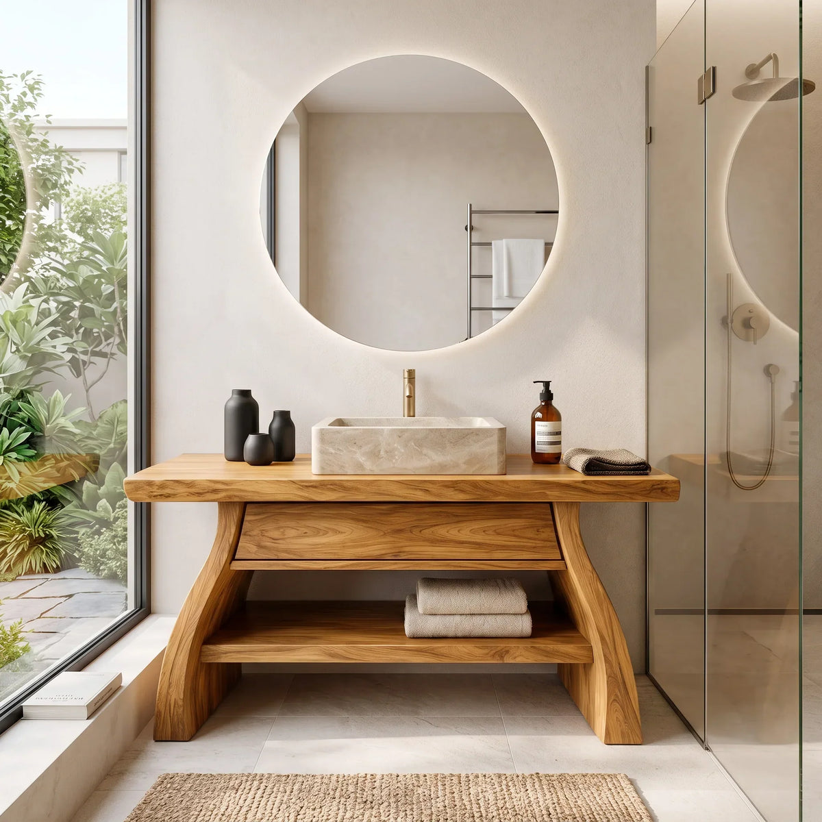 Modern Sculptural Open Shelf Bathroom Vanity For Master Bathroom