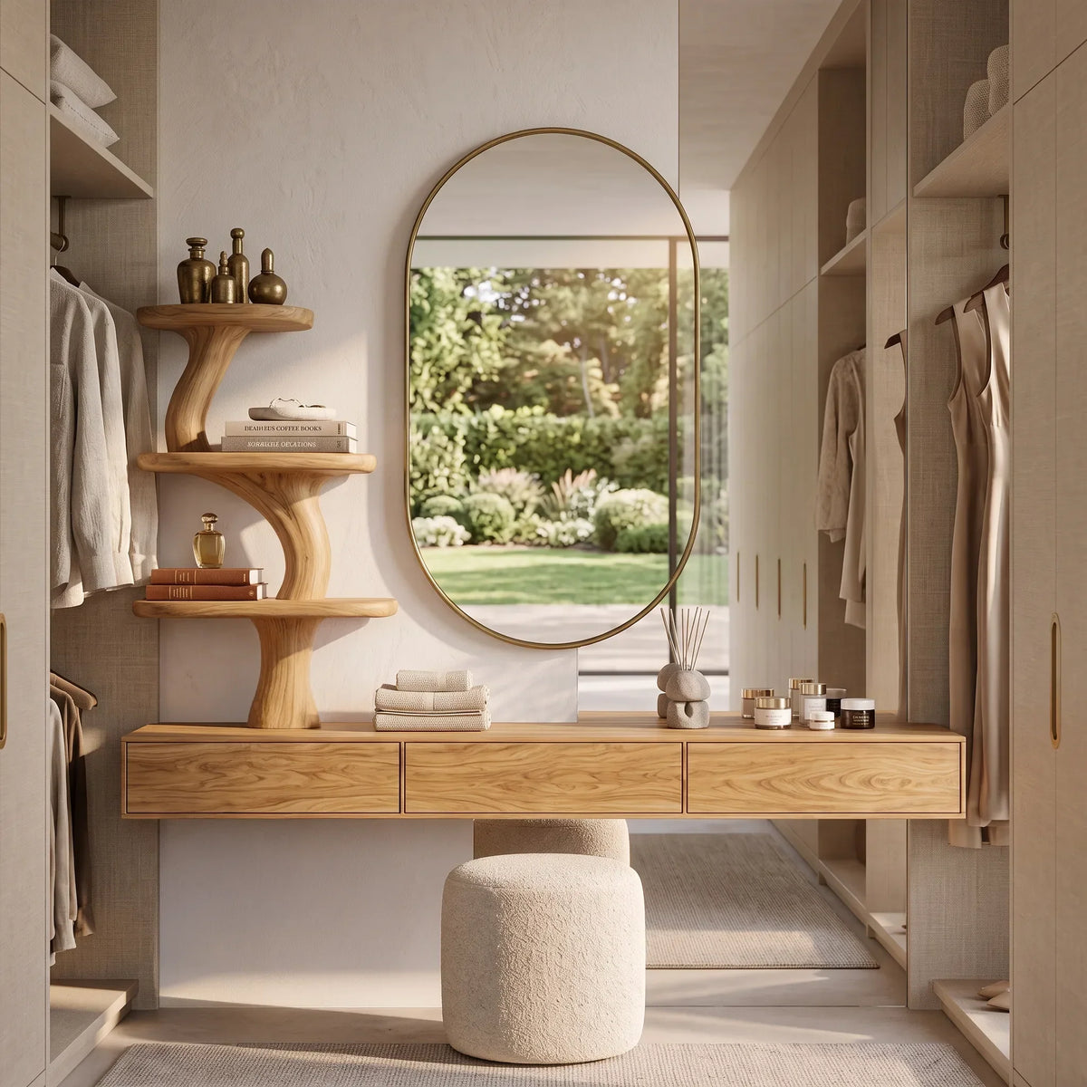 Organic Floating Makeup Vanity With Tree Form Shelve For Bedroom