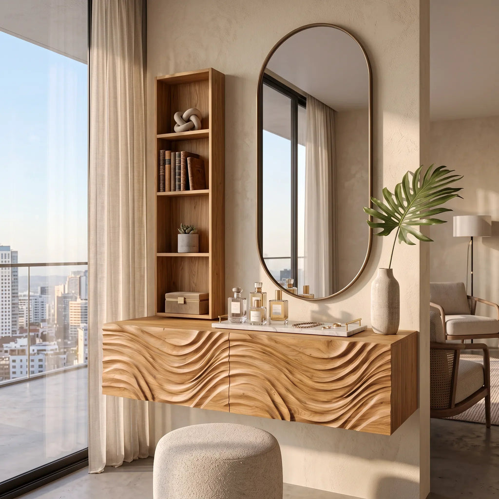 Modern Floating Makeup Vanity With Wall Mounted Storage For Luxury Bedroom