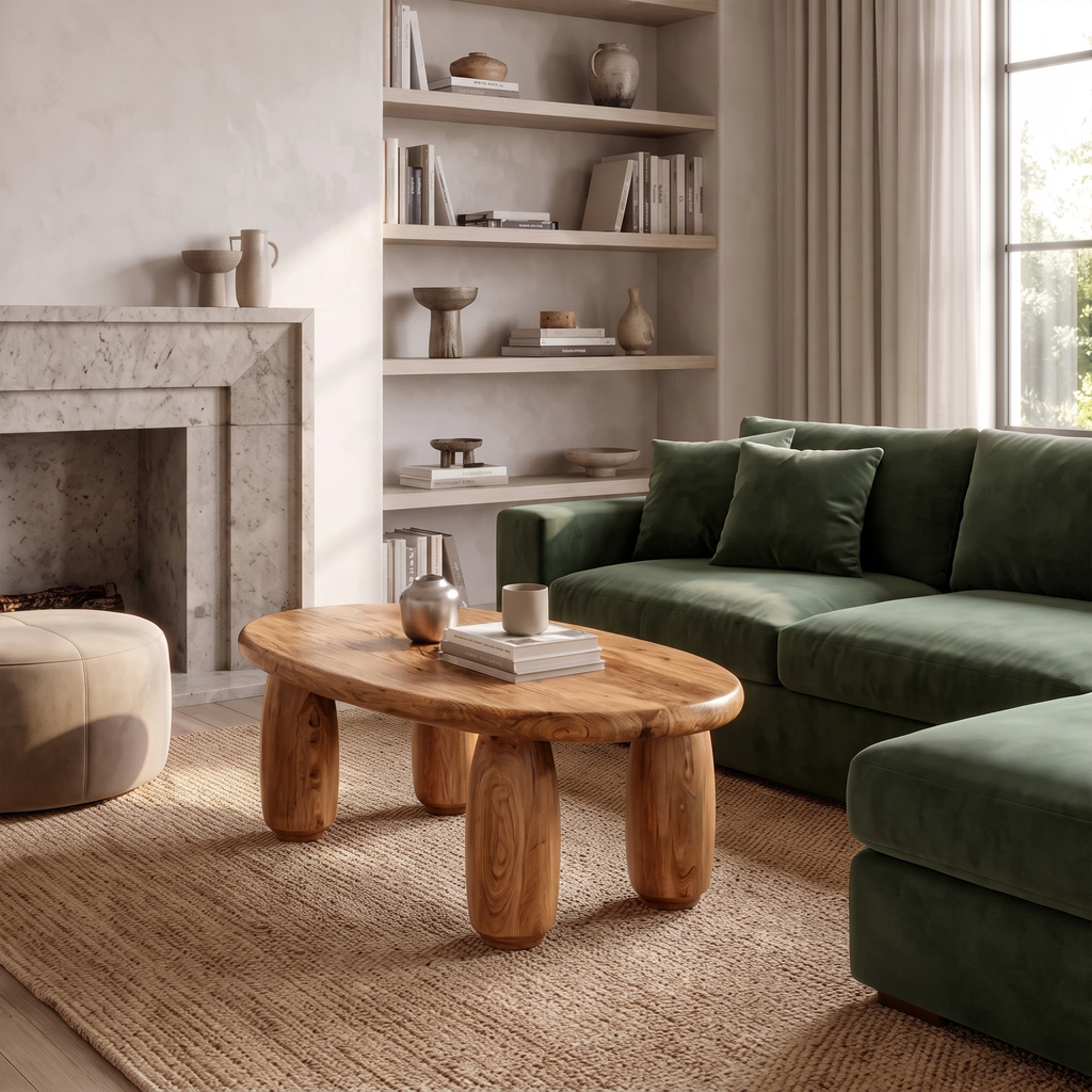 Natural Coffee Table With Organic Rounded Base For Living Room And Family Room