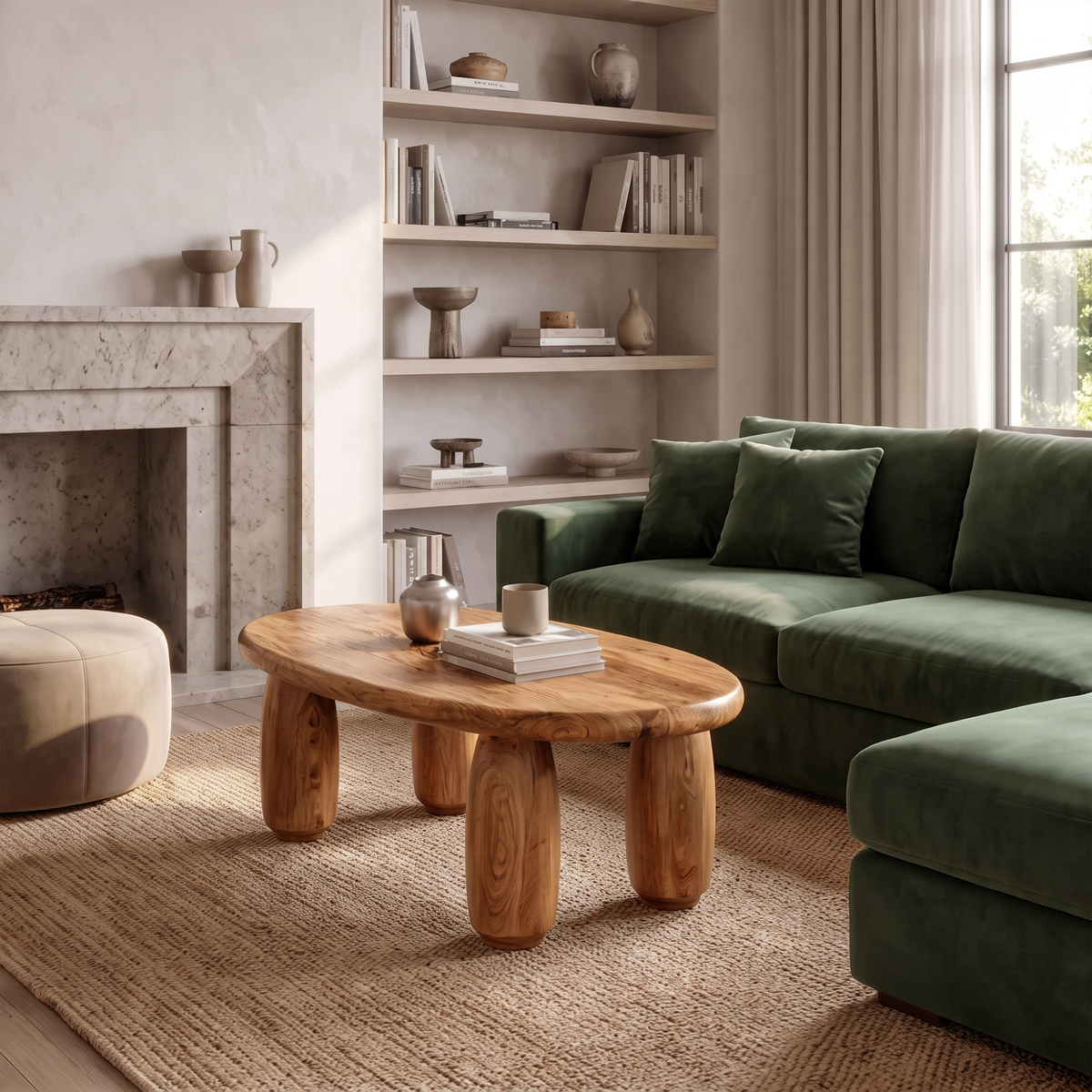 Natural Coffee Table With Organic Rounded Base For Living Room And Family Room