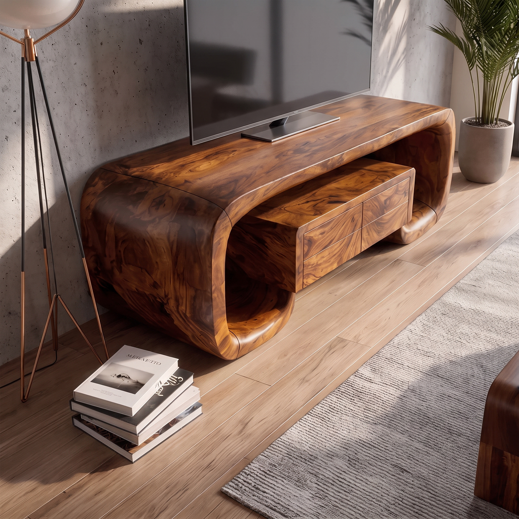 Organic TV Stand With Monolithic Wood Design For Living Room And Family Room