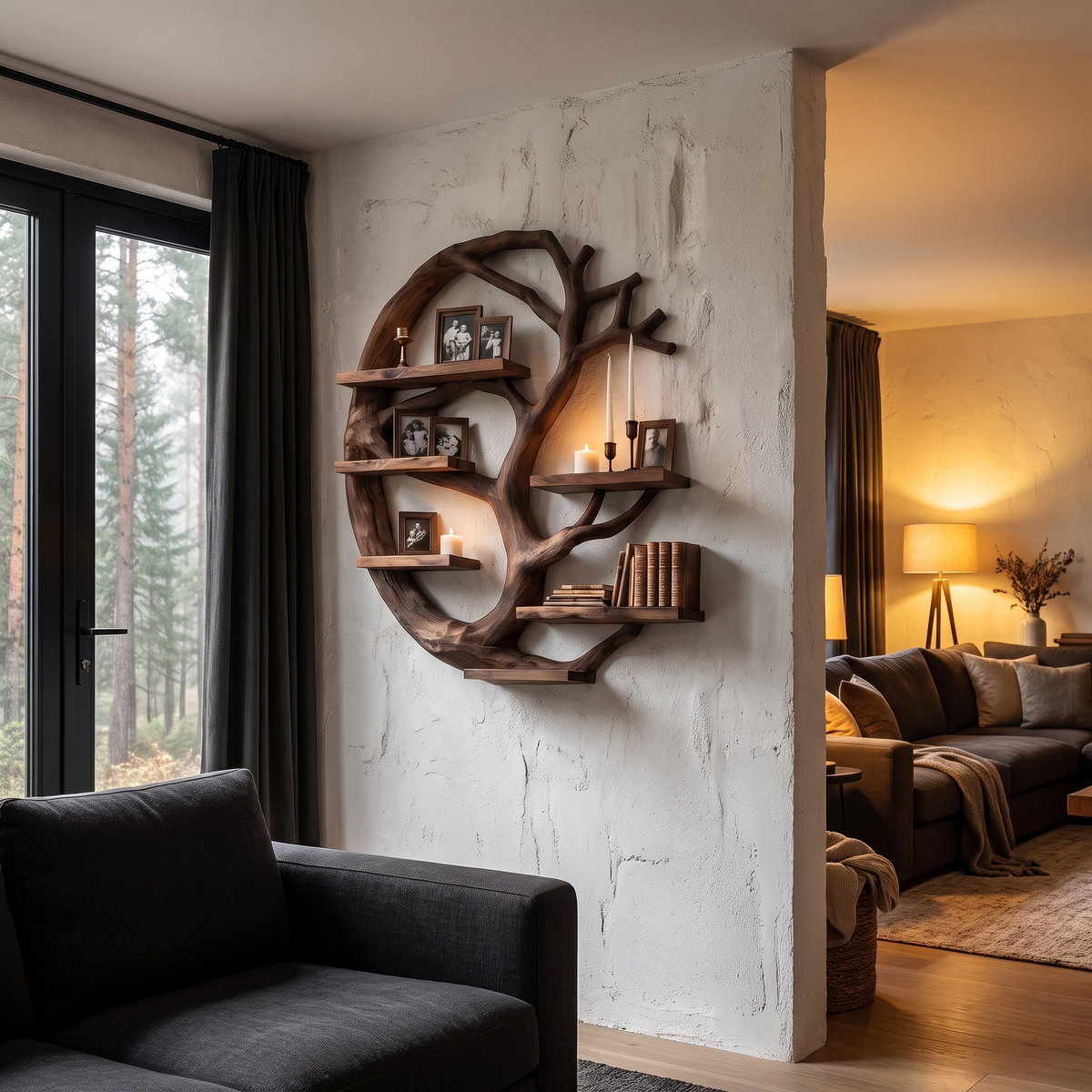 Modern Wall Mounted Shelf With Circular Tree Silhouette For Living Room And Bedroom