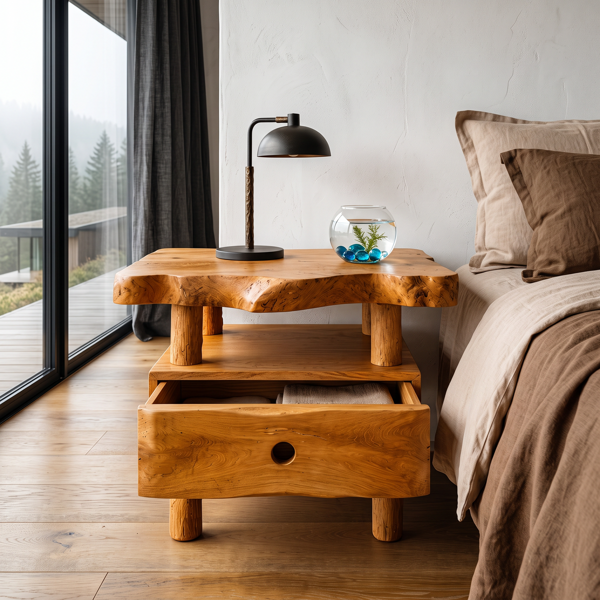 Organic Solid Wood Bedside Table With Open Shelf And Drawer