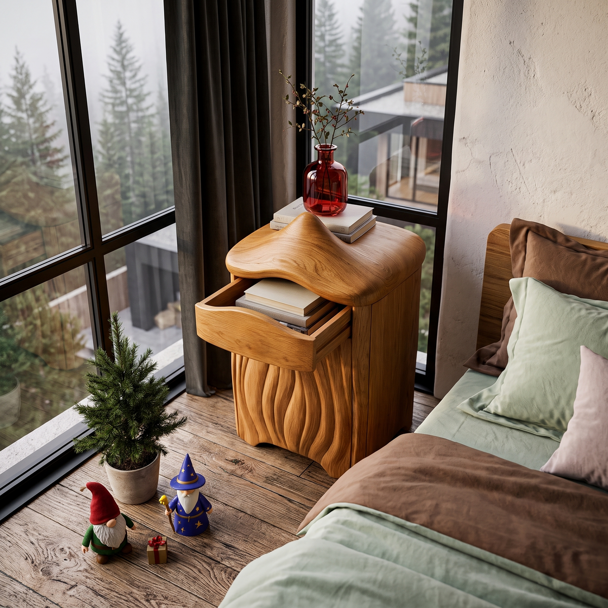 Minimalist Solid Wood Bedside Table With Artistic Door Design