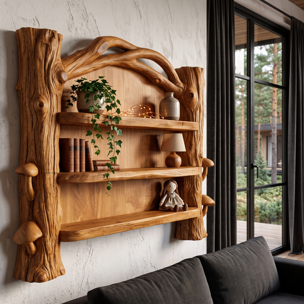 Sculptural Wall Bookshelf Handcrafted Organic Wood Shelves For Living Room