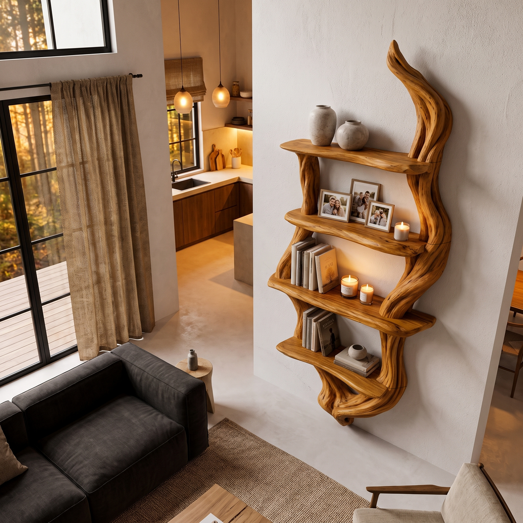 Rustic Wall Bookshelf Handcrafted Tree Branch Design For Living Room