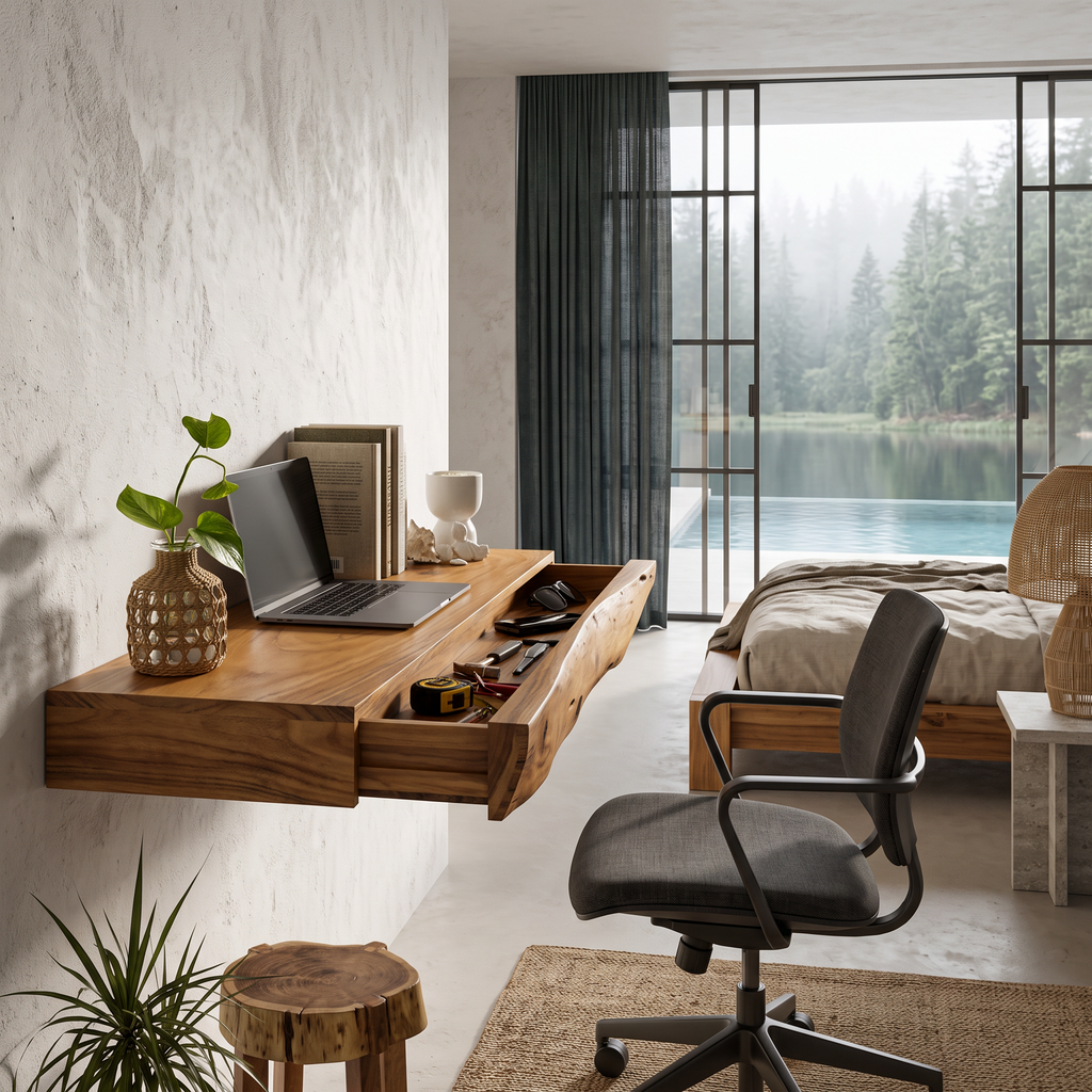 Rustic Floating Desk With Live Edge Design For Home Office And Workspace