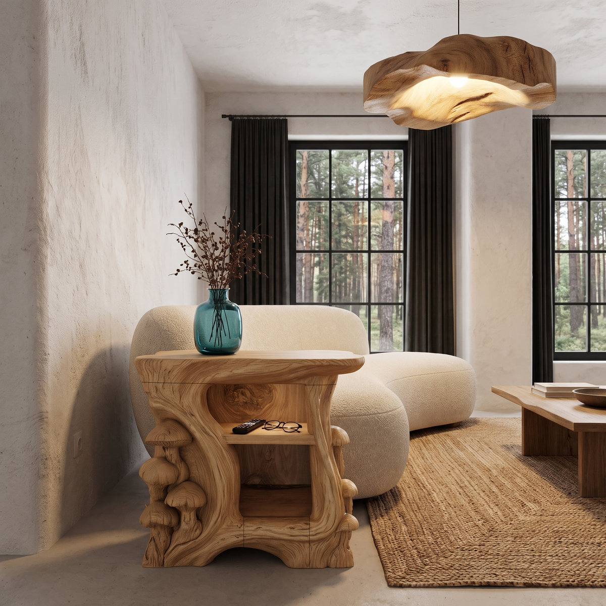 Organic Solid Wood Bedside Table With Sculptural Tree Branch Base