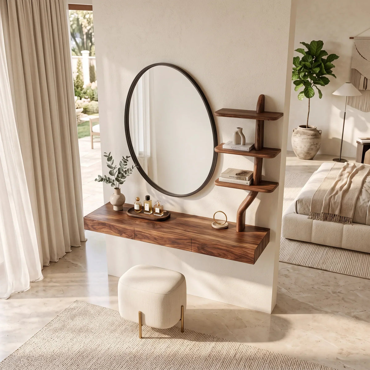 Wall Mounted Makeup Vanity With Tree Form Shelving For Bedroom