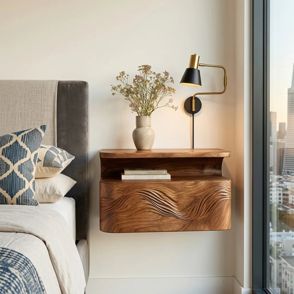 Organic Wave Carved Floating Nightstand For Bedroom