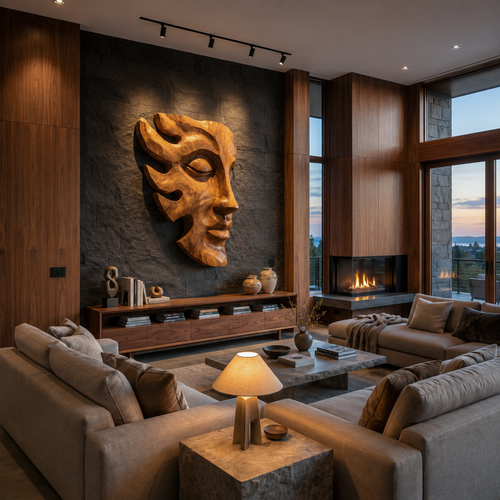 Handcrafted Wooden Face Wall Art With Sculptural Form For Interior