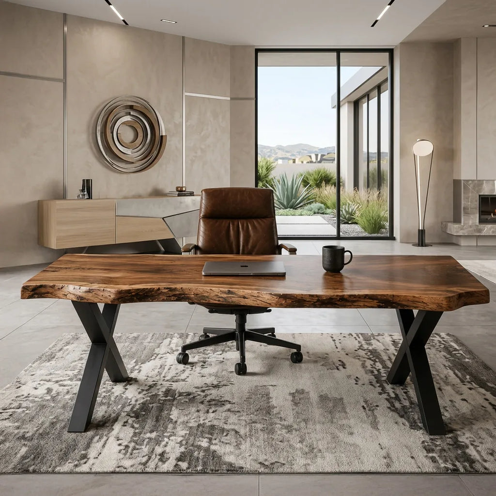 Modern Live Edge Metal Leg Desk For Home Office