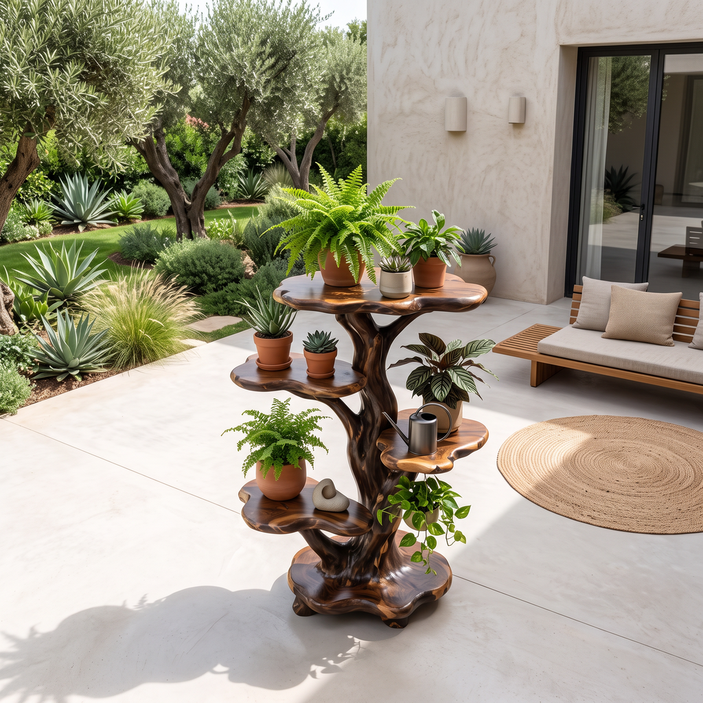 Natural Tree Plant Stand With Tiered Branch Shelves For Living Room And Entryway