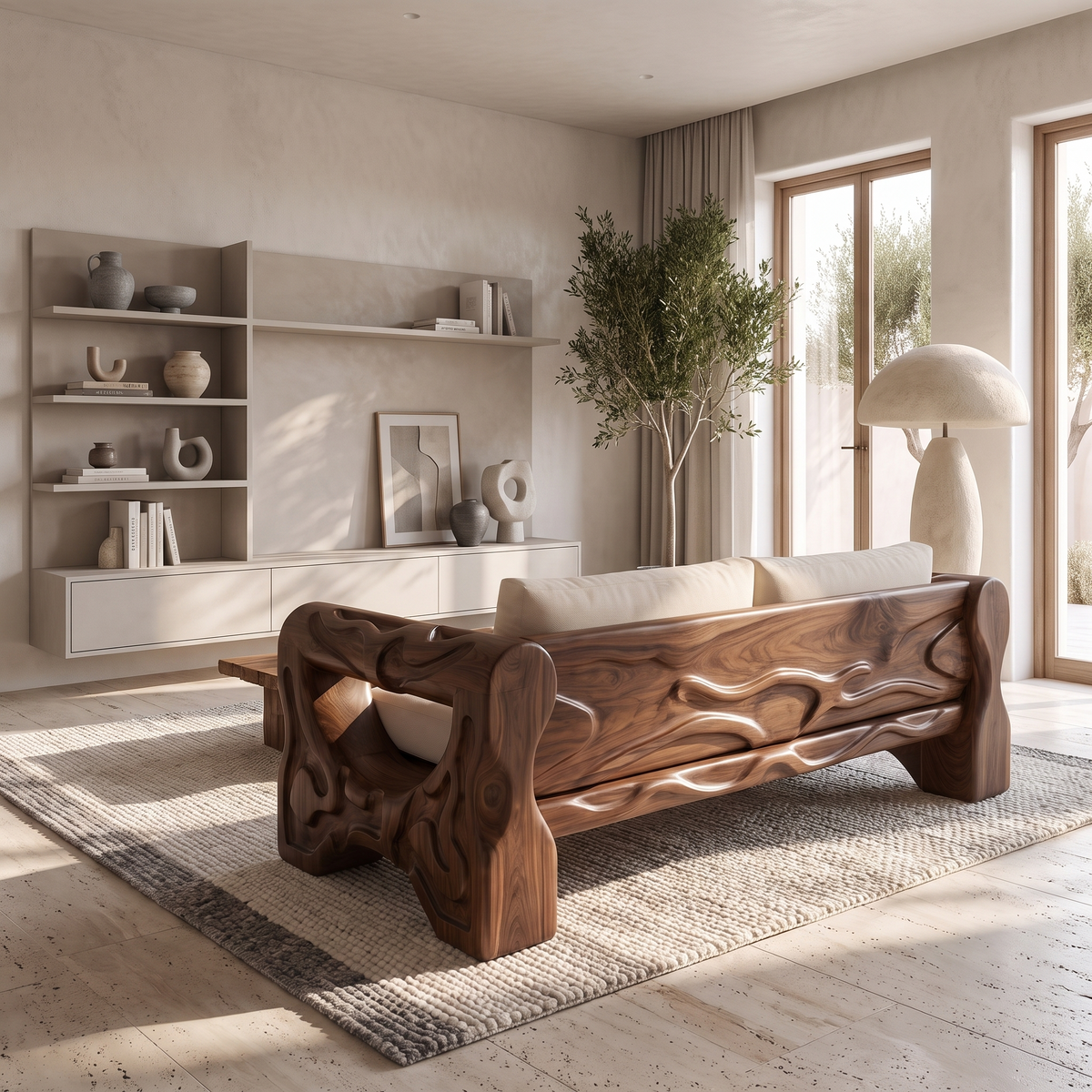 Organic Sofa Frame With Sculptural Open Loop Armrests For Living Room